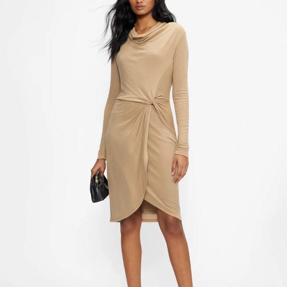 Ted Baker Neyda Camel Jersey Knit Faux Wrap Midi Dress Sz 3 Long Sleeve Tan